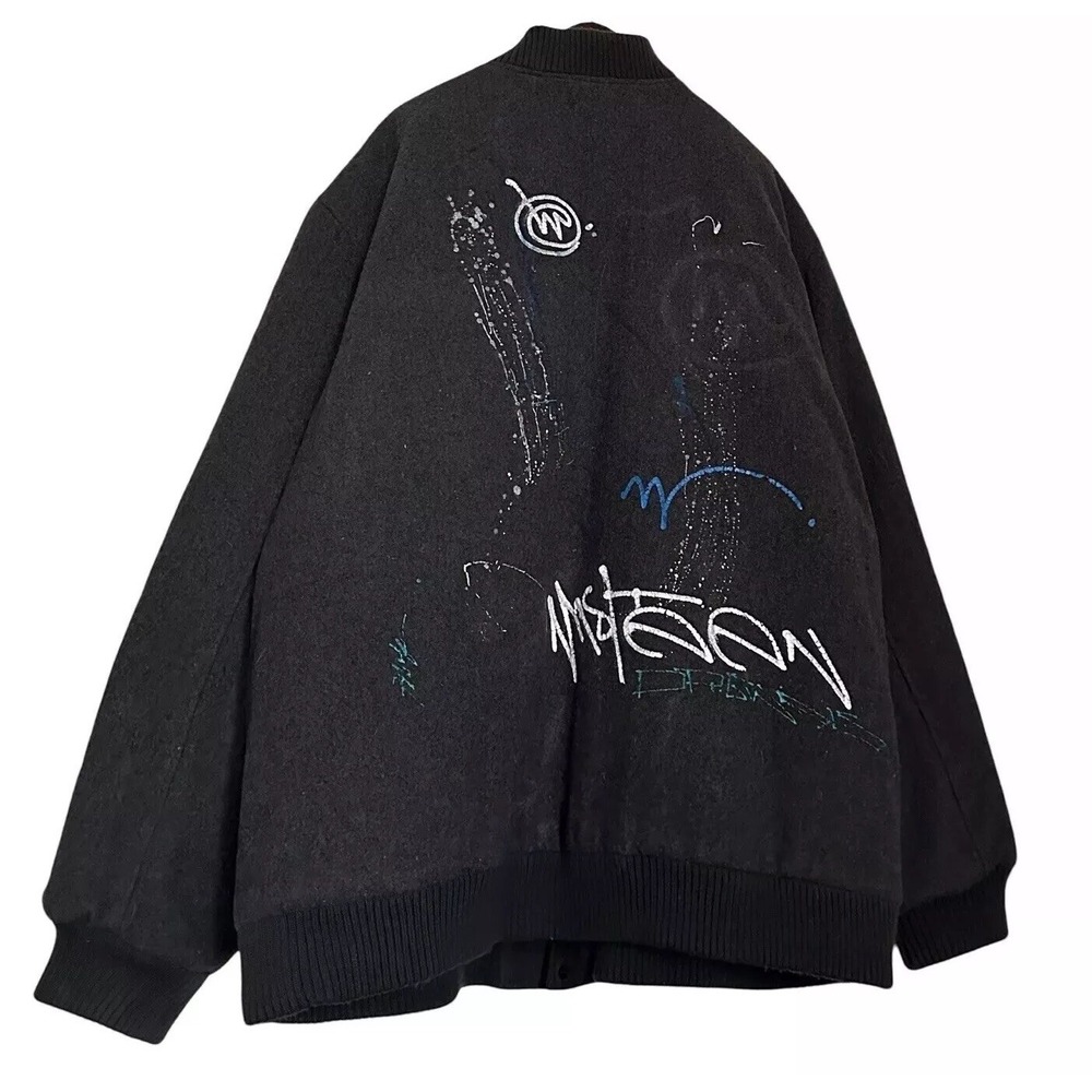 Vtg Y2K Miss Keen Bomber Jacket Coat Men 5XL Gray Handpaint Grunge Oversize Down
